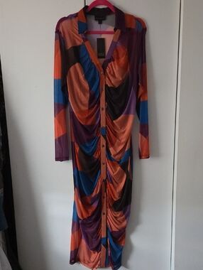 BOLD elements Long-Sleeve Button-Front Maxi Dress in Orange, Blue, Purple, Black